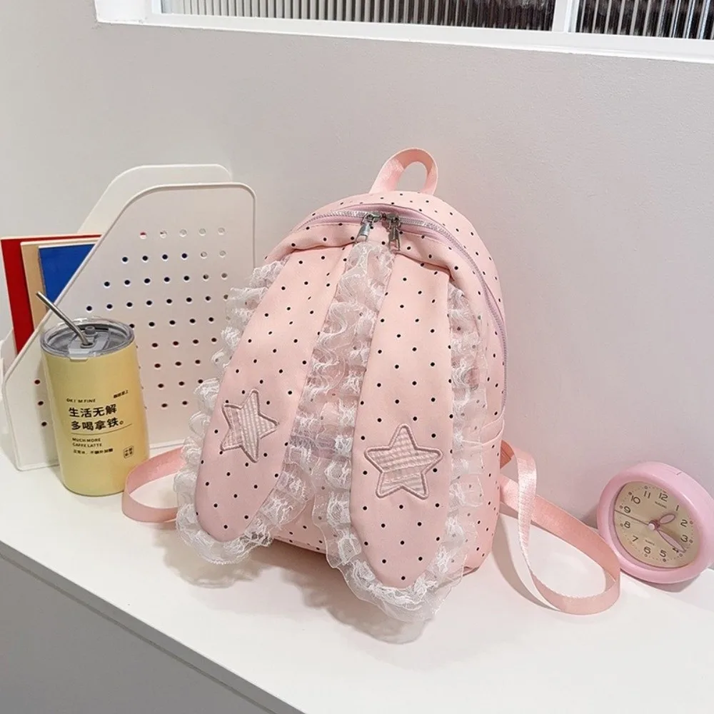 Sweet Star Bunny Ear Backpack Lace Love Heart Rabbit Ear School Bag Scratch Prevention Large Capacity Polka Dot Backpack Daily