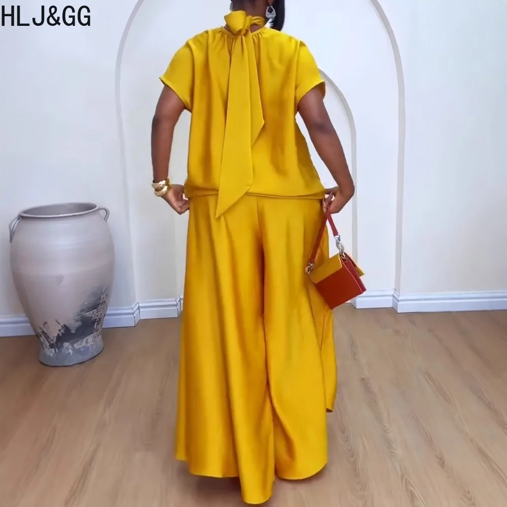 HLJ&GG Yellow Satin Elegant Lady Wide Leg Pants Two Piece Sets Women Bandage Short Sleeve Top And Pants Outfits Autumn Clothing