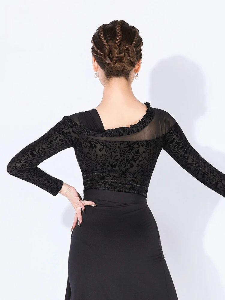 2025 vestido de dança latina feminino mangas compridas novos trajes de desempenho profissional de uma peça roupas superiores vestido de dança de salão