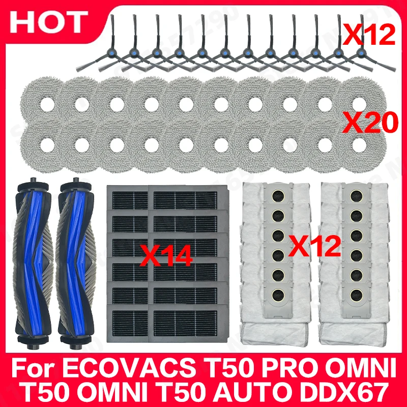 For ECOVACS T50 PRO OMNI T50 OMNI T50 AUTO DDX67 Spare Parts Main Roller Side Brush Filter Mop Cloth Dust Bag Accessories