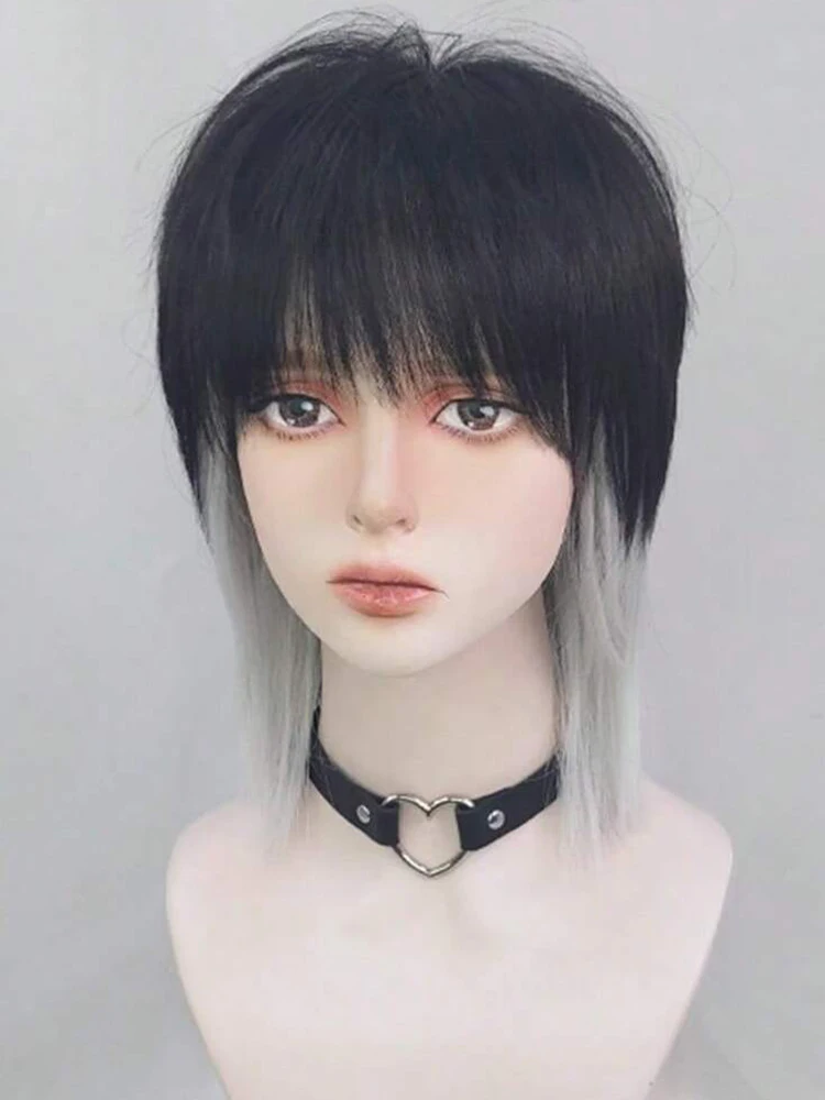 باروكة قصيرة مستقيمة باللون الرمادي والأسود للرجال والنساء، باروكة صناعية مقاومة للحرارة، مثالية للحفلات التنكرية والمناسبات اليومية #3