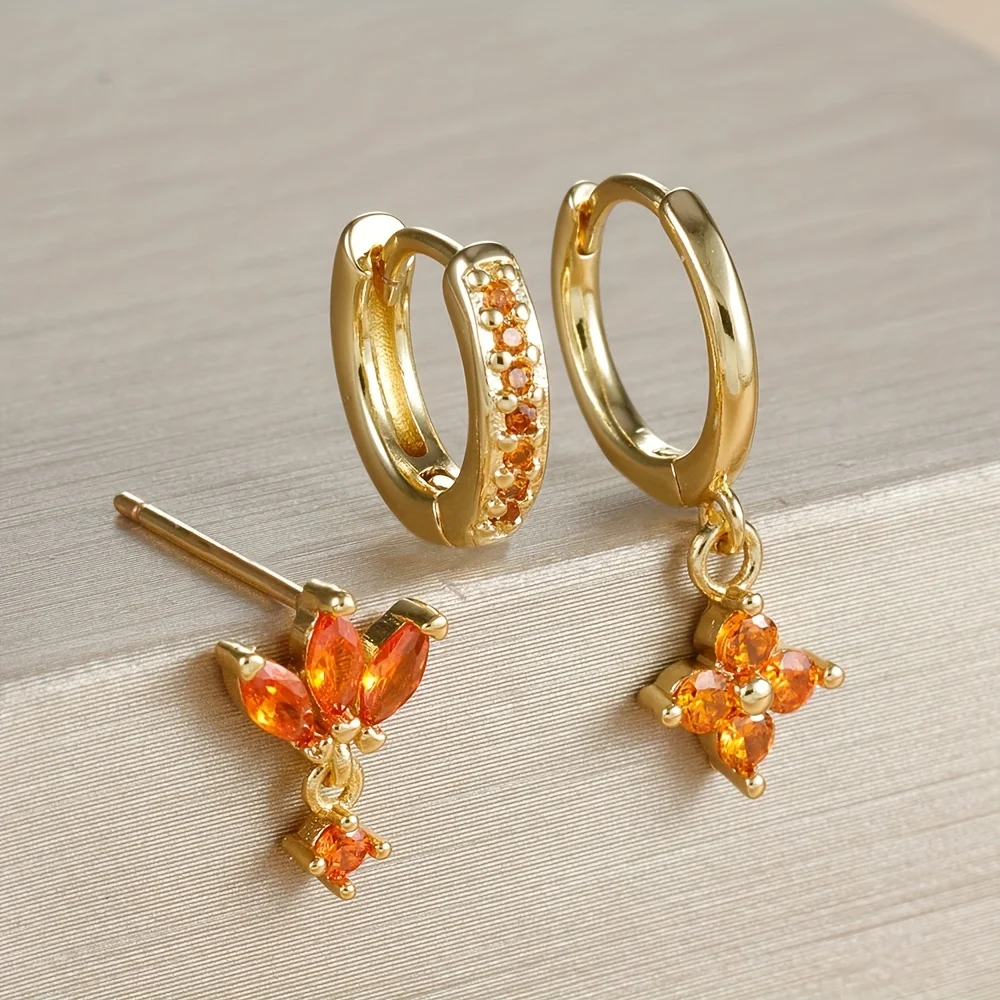 3pcs Stainless Steel Orange-red Hoop Earrings Set,Square Zircon Horse's eye Pendant Cartilage Helix Ear Piercing Jewelry