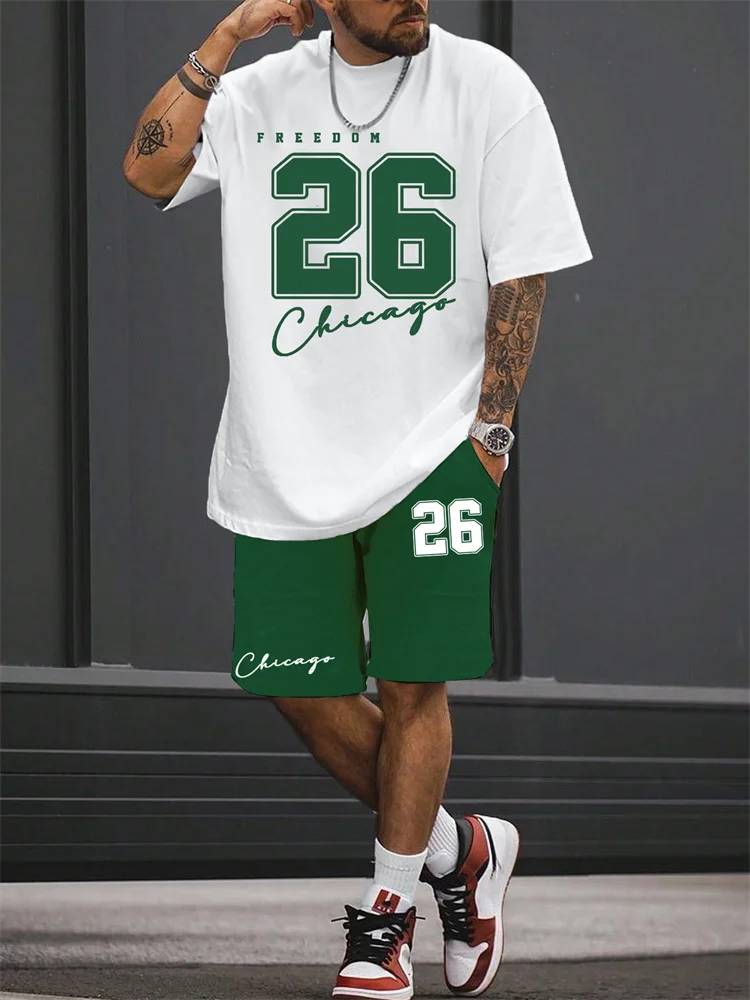 

Summer Men's TShirt Shorts Set Chicago 26 Print Short Sleeve TShirt Sets Summer Casual Outdoor Comfortable Tracksuit 2 Piece Set