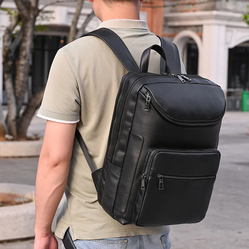 Retro Dual Pocket Crazy Horse Leather Rucksack, Large Capacity Mens Cowhide Laptop Backpack Daily School Travel Bag