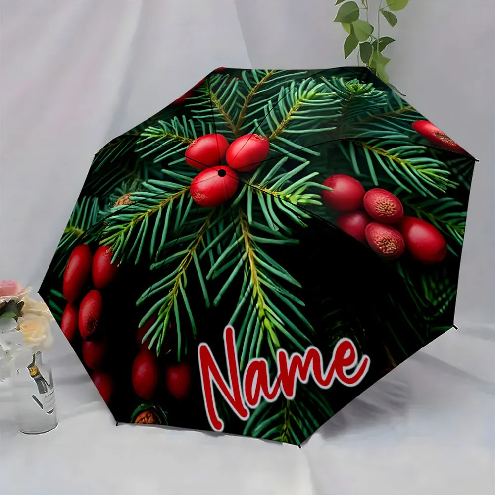 Custom Name Festive umbrella with pine leaves and red berries Print 8 Iron Ribs Folding Umbrella, Auto-Open Fashion Sunshade
