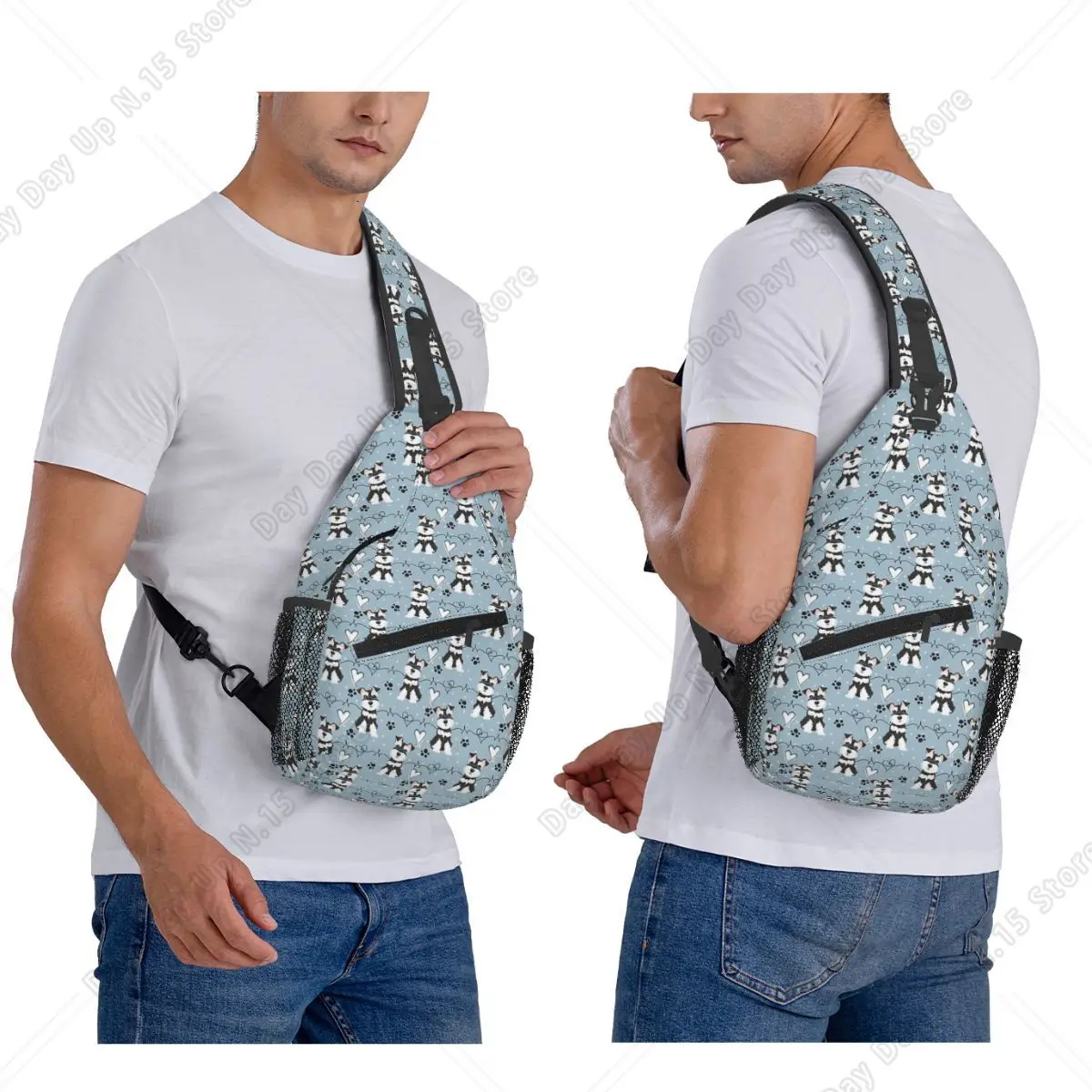Love Black And White Miniature Schnauzer Chest Bag Men Sling Crossbody Backpack Chest Bag Travel Hiking Daypack Shoulder Bag