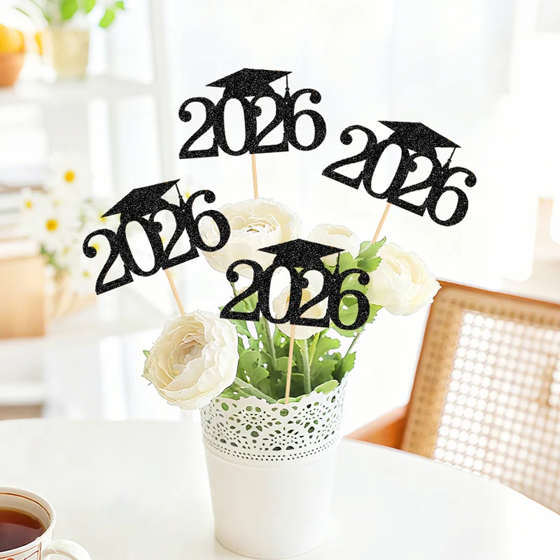 YOMDID 10 Stück 2026 Cupcake-Topper für den Abschluss, glitzernde Cupcake-Topper für 2026-Abschlusskappen mit langen Mittelstücken, Sticks – Detail 1