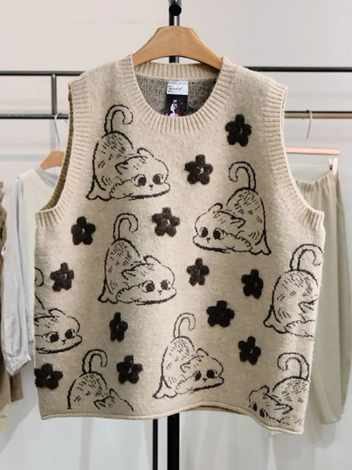 

Вязаный жилет с мультяшным принтом для женщин, осенне-зимний, больших размеров, теплый, повседневный, с круглым вырезом, топ