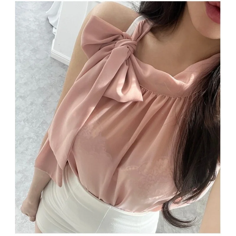 WOMENGAGA Cool Summer White Ruffled Tops Sexy Ribbon Bow Collar Thin Slim Sleeveless Chiffon Shirt Sweet Blouse Top 9XYC