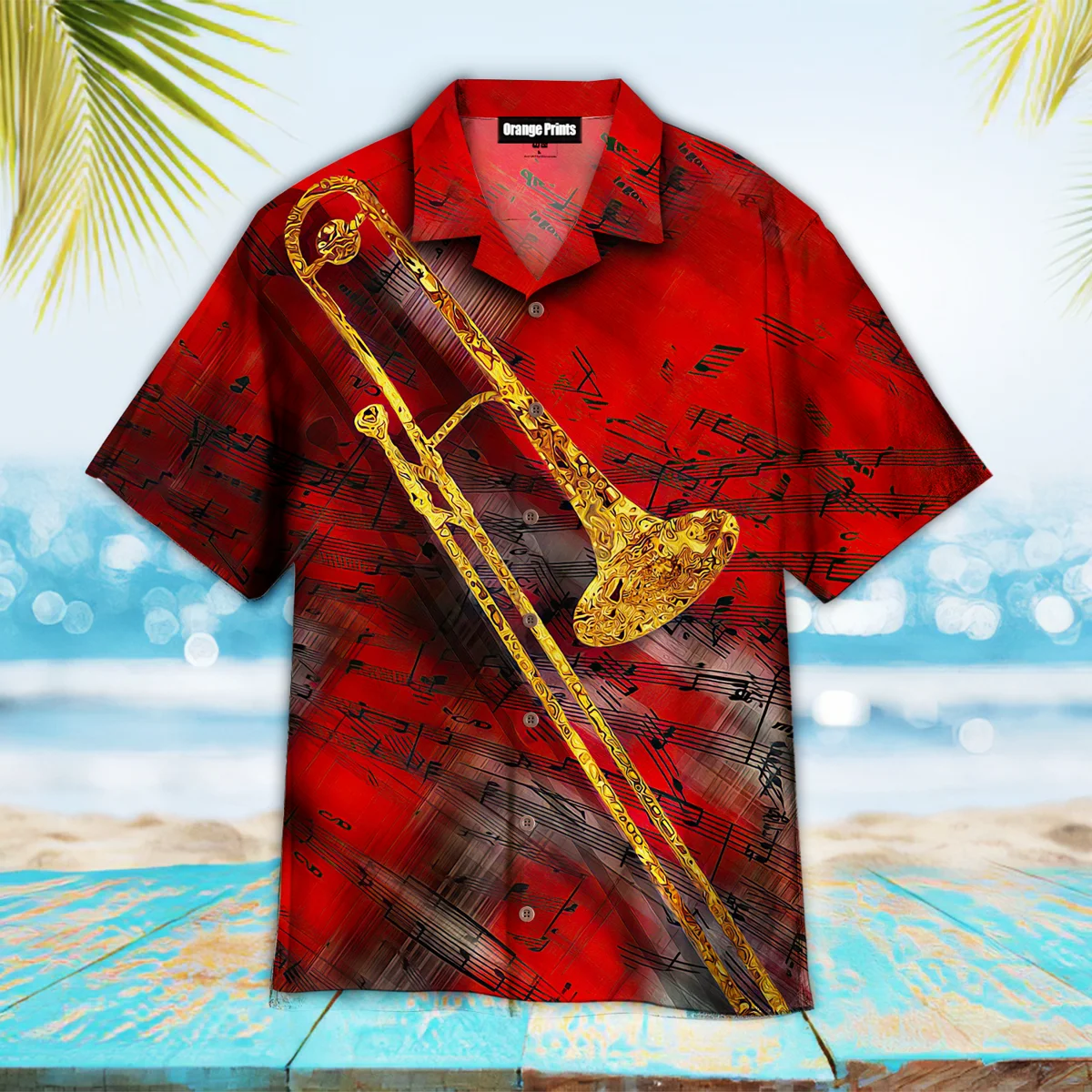 Hawaiian Shirts for Men Bass Trombone  Print Shirts Musical Instrument Beach Short Sleeve Summer Casual Button Up Hawaii Shirts