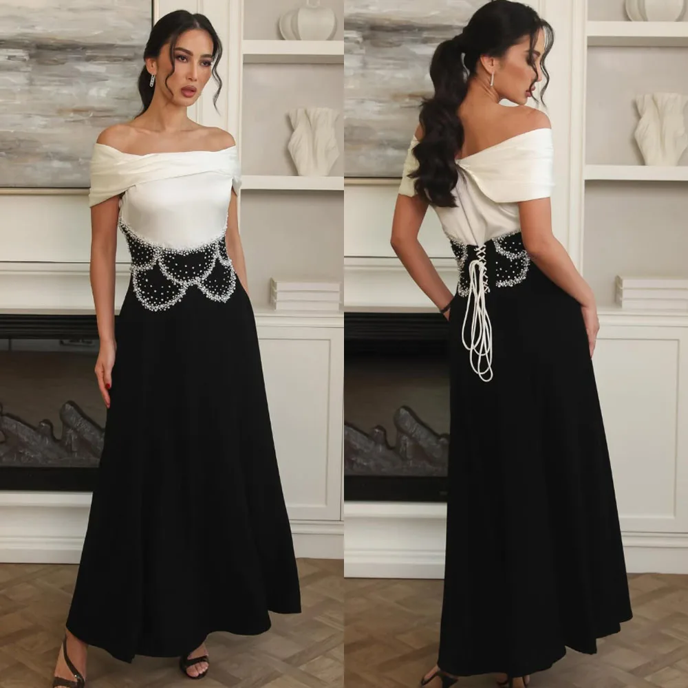 

Customized High Quality Strapless Beaded Ankle Length Color Contrast Zipper Off Shoulder Sleeveless Robe Blanche Mariage Women