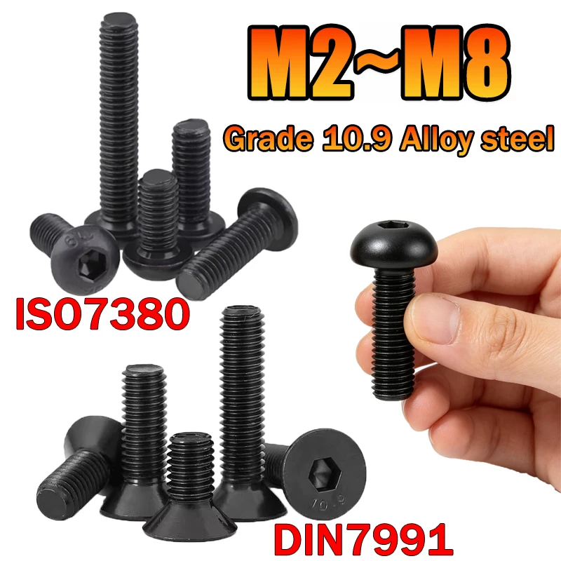 10-100pcs M2 M2.5 M3 M4 M5 M6 M8 Black Grade 10.9 Steel DIN7991 Hex Socket Countersunk ISO7380 Round Allen Hexagon Socket Screw