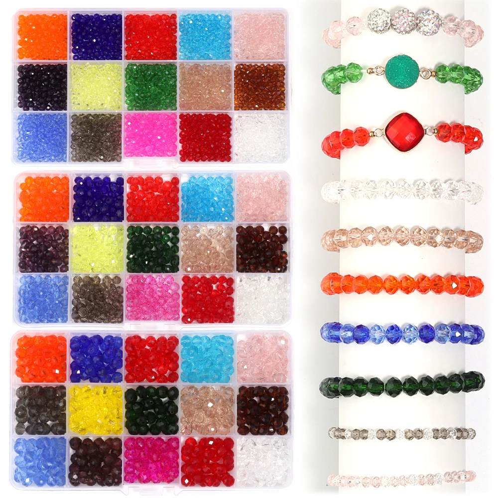 1 Box 4/6/8mm Crystal Rondelle Glass Beads Flat Loose Spacer Beads Set 15 Grid Kit for Jewelry Making DIY Bracelet Accessories