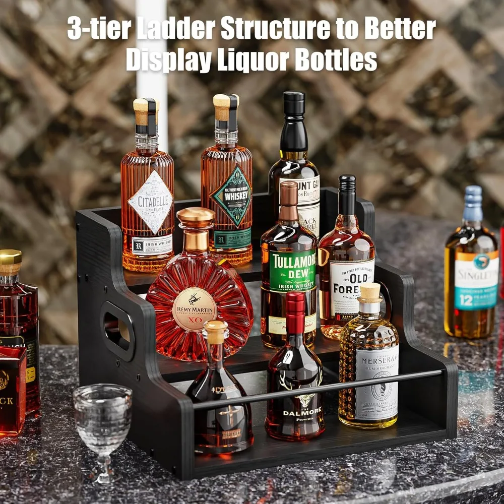 3-Tier Countertop Liquor Wine Rack, Black Wooden Shelf Organizer for Spirits and Beverages