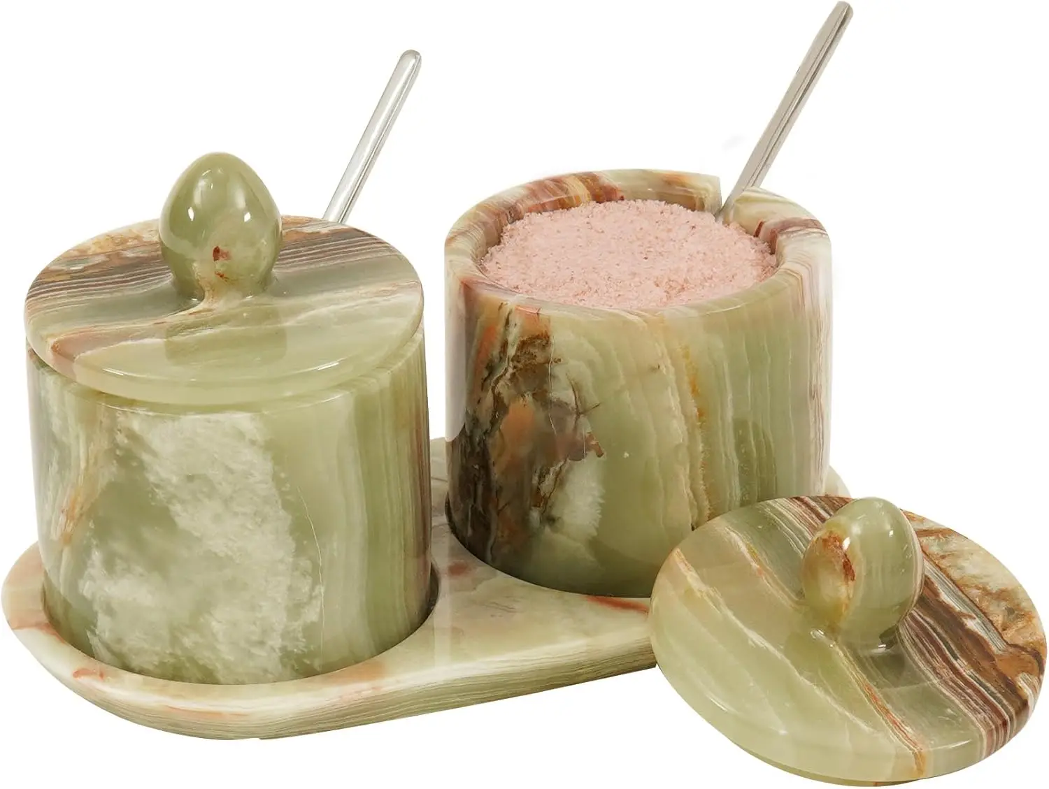 

Green Onyx Marble Salt Cellar with Lid & Tray, Set of 2 Handmade Spice Jars for Kitchen Countertop - Elegant Holiday Gift