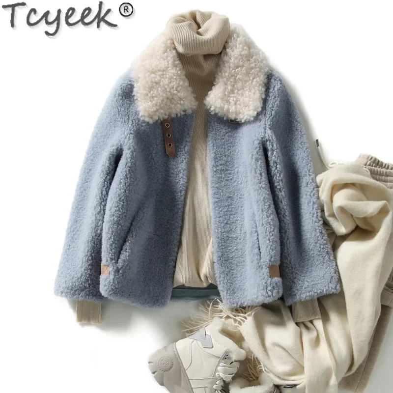 Tcyeek 100% Wool Coat Women Clothes Grain Sheep Shearling Coats Lamb Wool Collar Winter Women's Fur Jacket New in Outerwear 2024