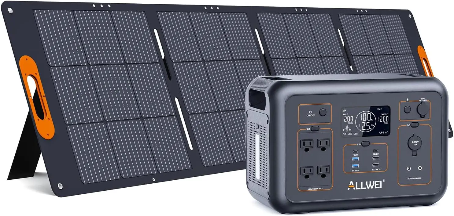 ALLWEI LiFePO4 Solar Generator 1200W(Peak 2400W) with 1 * 200W Solar Panel, Fast Charge in 1.5Hrs, 1008Wh Portable Power Station