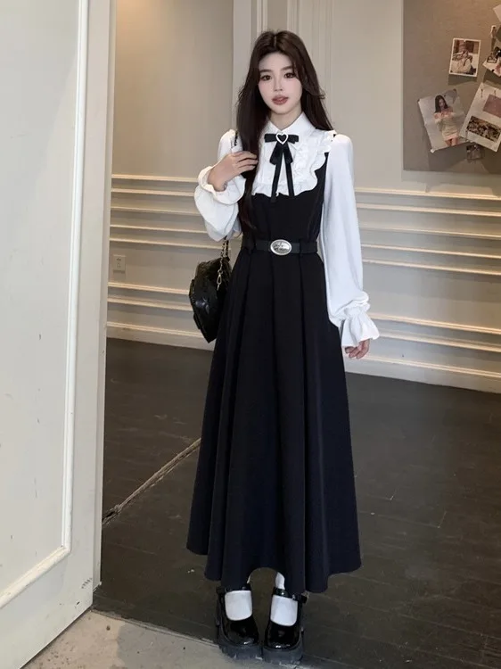 

plus Size Academy Style Fake Two-Piece Dress Slimming Waist Design Color Block Long Skirt Spring New Arrival Commute Style Hi...