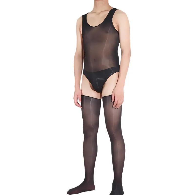 

Oil Shiny Bodysuits Men Sexy Transparent Sleeveless Rompers Ultra Thin Stockings Smooth Pantyhose Erotic Lingerie Male Hosiery