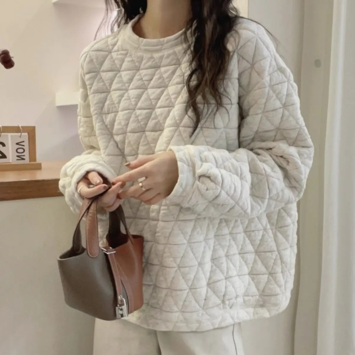 

Rhombus padded sweater women's autumn and winter 2025 large size clothes thickened warm top oversized hoodie
