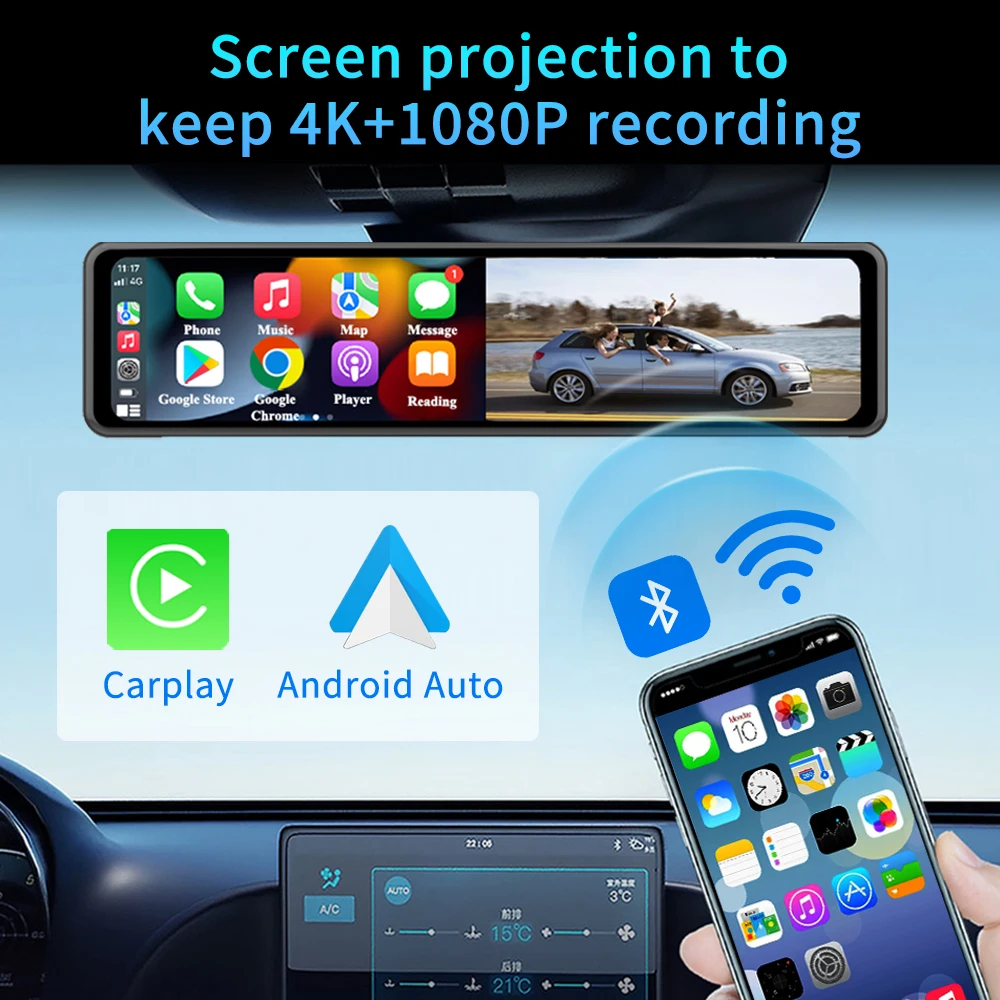 12inch 4K Carplay Android Auto ADAS Car DVR 1080P Rearview Mirror Video Phone APP GPS FM 5G WiFi Loop Record DVR