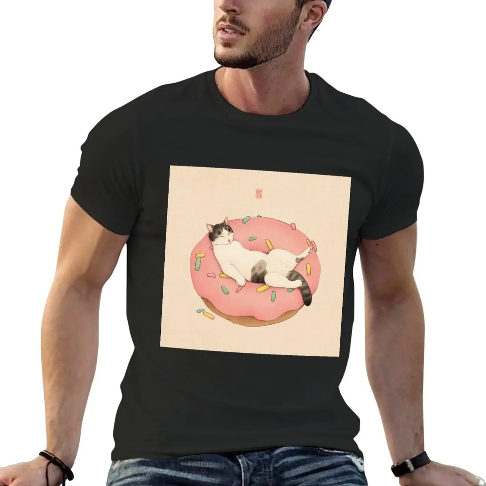 Cat Sleeping in Donut T-Shirt plus size tops oversized t shirt T-shirts for men cotton