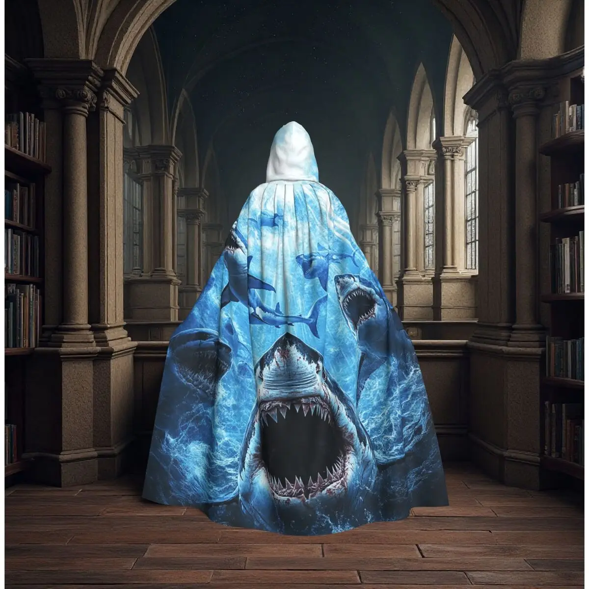 

Shark Teeth And Fin Ocean Theme Long Hooded Cloak Witch Medieval Costume Cosplay Cape HalloweenCoat Adult Unisex