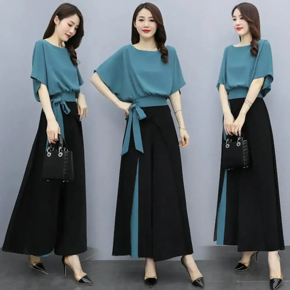 Attractive Women Trousers  Elastic Waist Temperament Top Pants Set  Summer Shirt Wide Leg Pants Two-piece Set