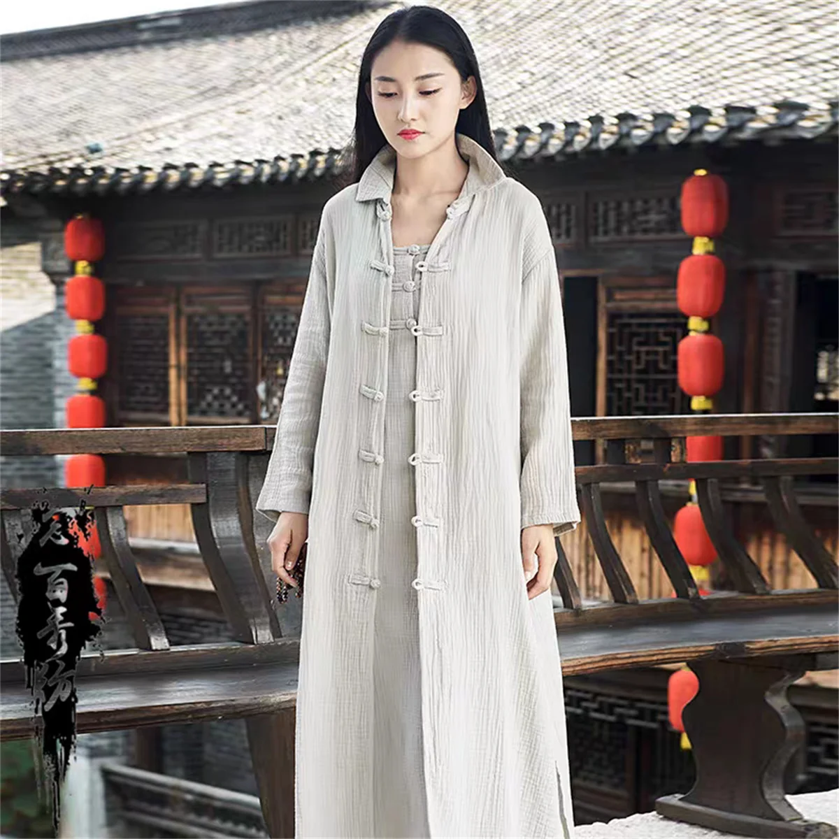 Abito Lungo in Cotone e Lino Stile Cinese, Vestito Estivo Casual da Donna, Taglia Grande, Tinta Unita, Cardigan Vintage a Maniche Lunghe
