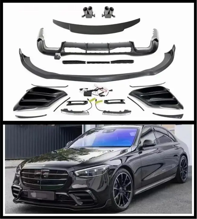 

Hot!Front Bumper Lip+Rear Spoiler+Trunk Diffuser+Side Body Skirt Kit For Mercedes-Benz W223 S400 S450 S500 S580 Carbon Fiber