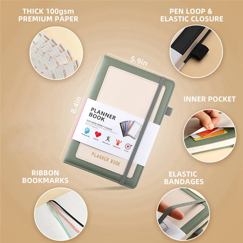 Caderno AEE7-Week Planner 2024 com capa PU, capa dura média (A5), 5,9X8,4 polegadas