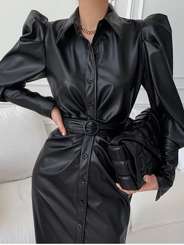 

Chic Vintage Spring Long PU Leather Dr Women's Slim Fit Bubble Sve Collar Single Button Waist Cinched Gown