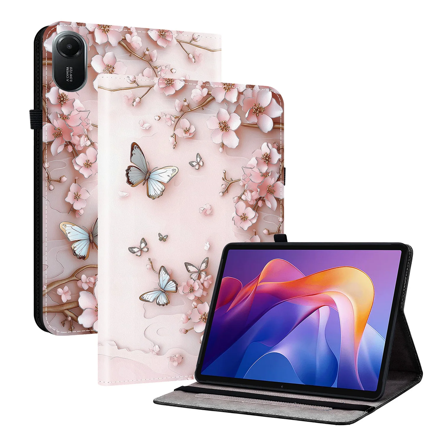 

For Xiaomi Redmi Pad 2 Leather Case Pattern Printed Stand Tablet Cover with Card Slots - Pink Butterfly
