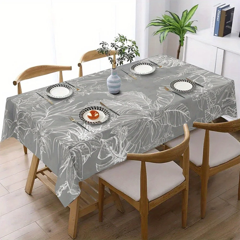 1pc  Grey Tropical Leaf Print Tablecloth,   Dining Table Cover for Kitchen Dining Room Party Decor
