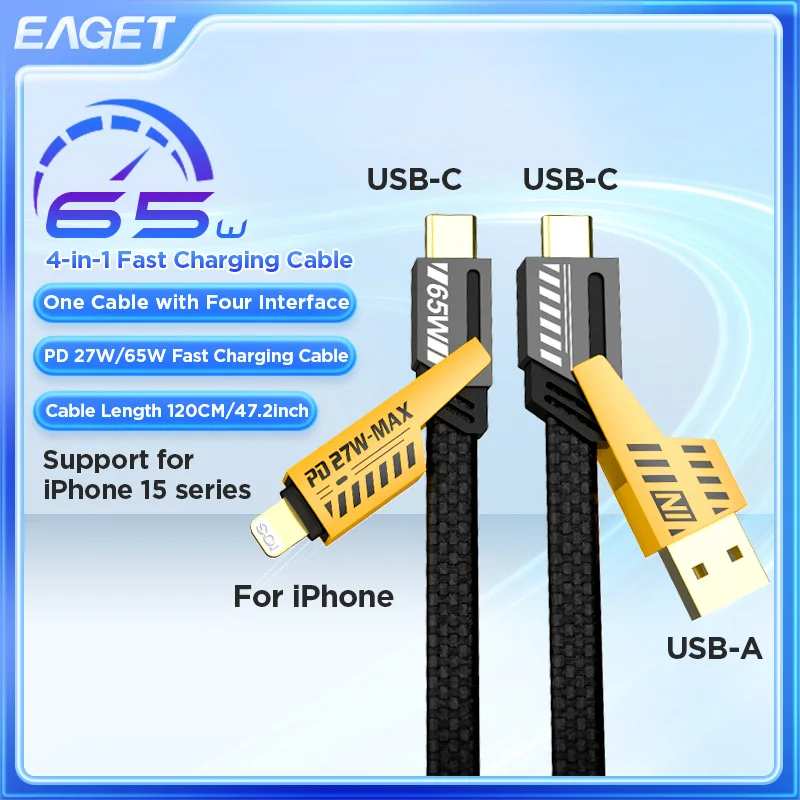 Eaget 4 In 1 65W Fast Charging Cable Cord For iPhone Android USB Type C Charger Cable Multi Port Multiple Usb Charging Wire Line