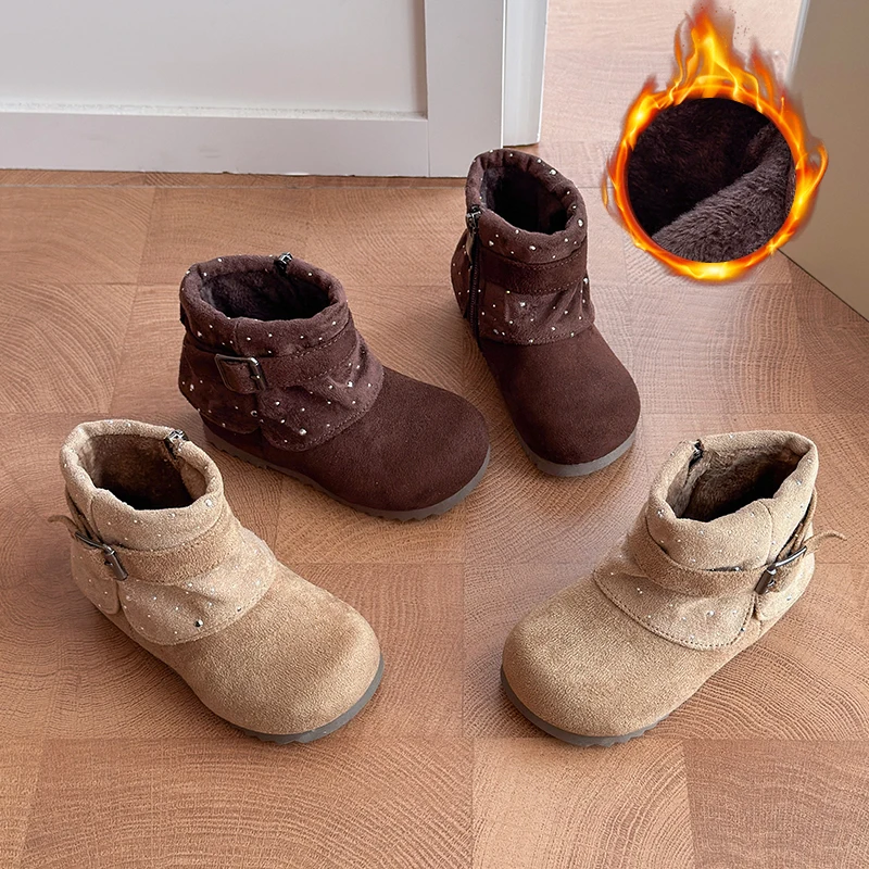 Kids Winter New Fashion Cute Plus Velvet Warm Retro Short Boots Baby Casual Soft Lightweight Zipper Thick Bottom Snow Boots