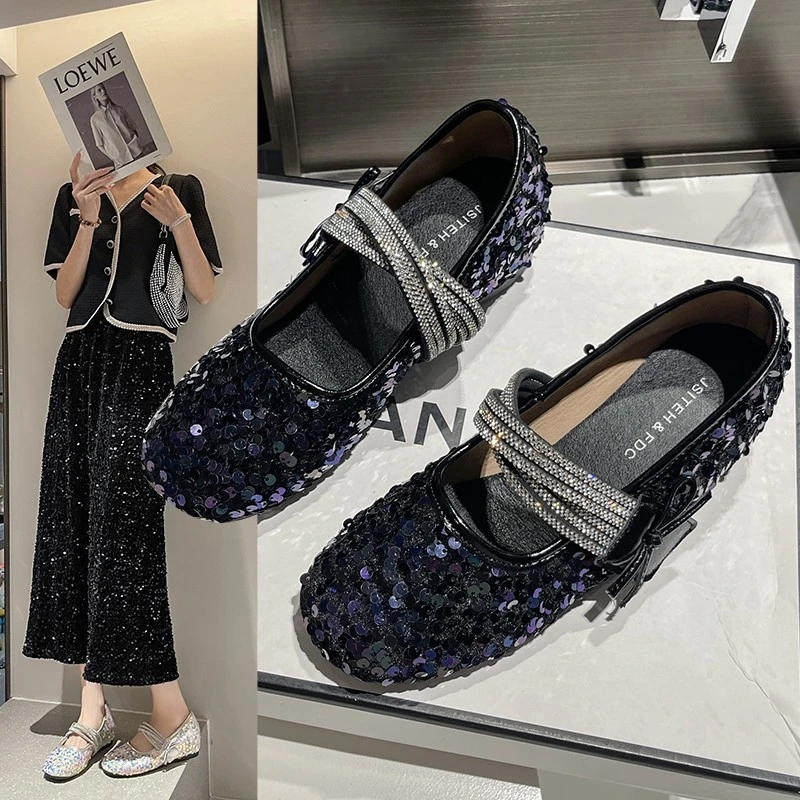 Женские туфли на одной платформе с блестками, новинка 35–40, туфли Мэри Джейн с круглой головкой и неглубоким носком, темпераментные туфли Мэри Джейн с юбкой Fairy Flash Diamond
