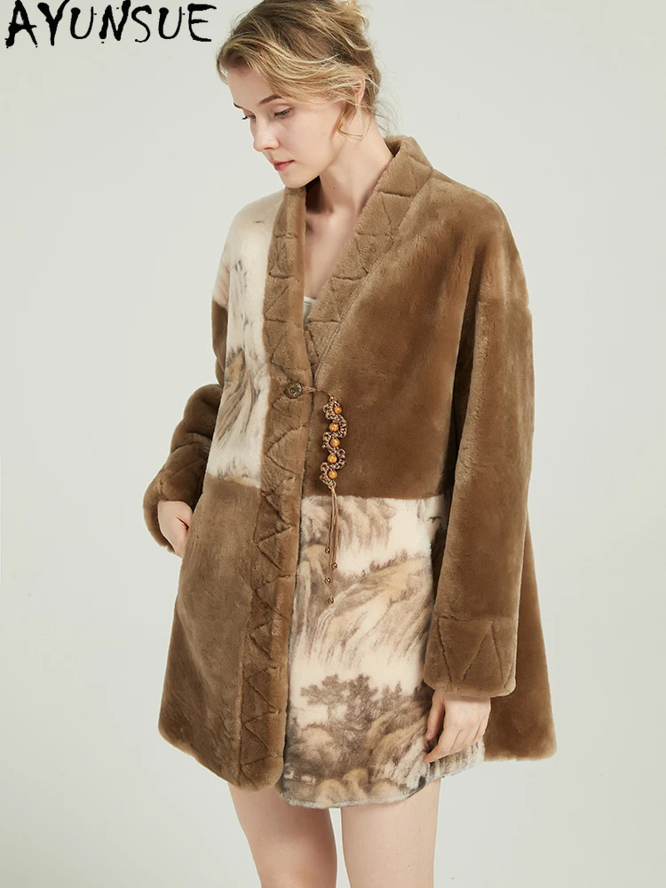 Ayunsue casaco de pele de carneiro natural feminino roupas de inverno meados de comprimento jaqueta de couro genuíno mulher novo em casacos 2025 tinta impressa