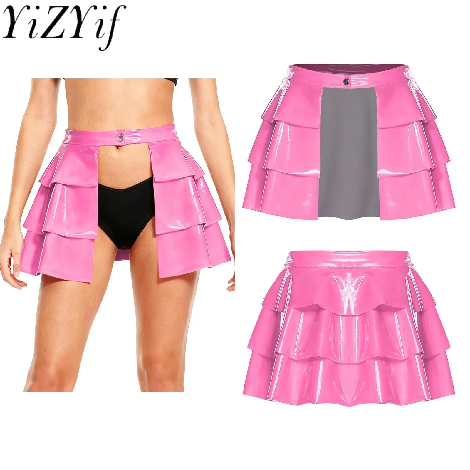 

Women Sexy Stylish Front Cutout Tiered Skirts Wet Look PU Leather A-line Miniskirt for Nightclub Bikini Briefs Cover Nightwear