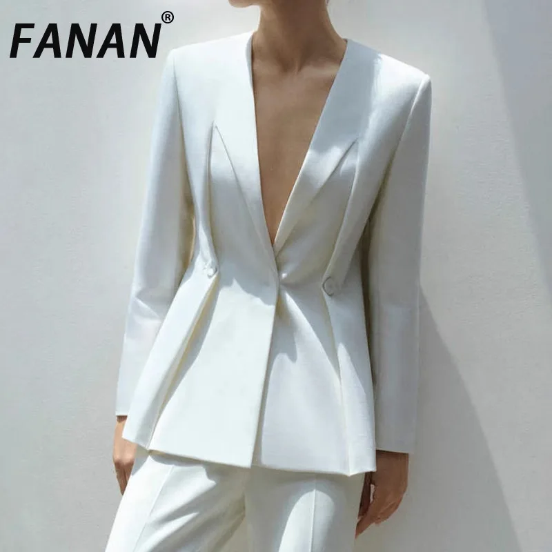 

FANAN White Elegant Blazers For Women Double Breasted Gathered Waist Long Sleeve Fit Jackets Female Coats 2025 Spring New