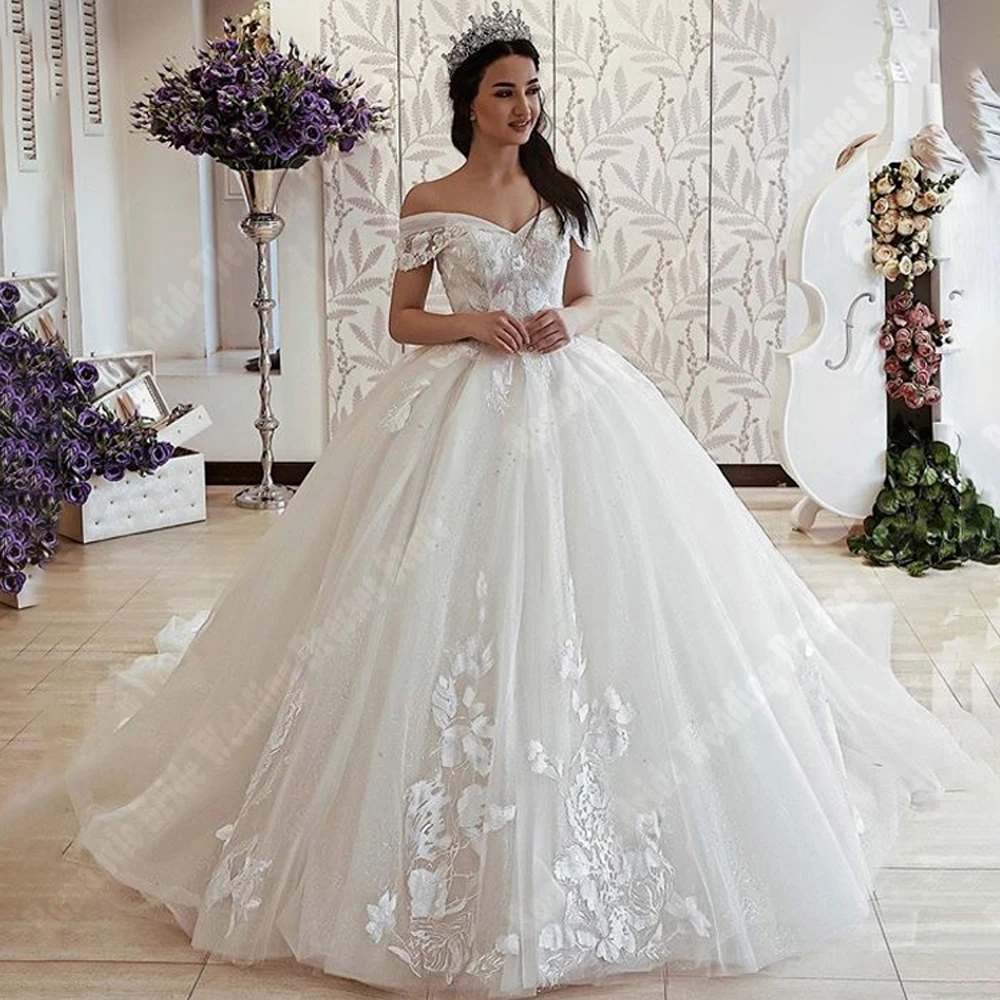 Vestidos De Novia elegantes y bonitos para mujer, Vestidos De Novia con dobladillo esponjoso y purpurina, longitud De fregado, estampado De flores, princesa