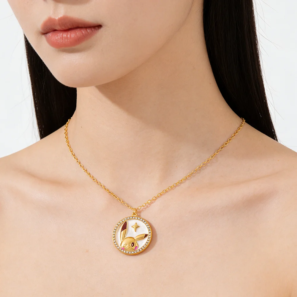 Kawaii Winking Pikachu Crystal Round Necklace Gold Color Anime Pokemon Pendant Jewelry for Daily Wear & Gift - view 4