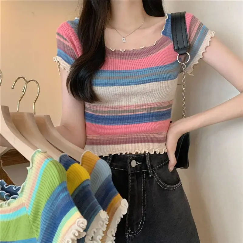 Contrast Striped Wood Ear Short Sleeve T-shirt Women's Summer 2023 New Short Sweet Hot Girl Knit Square Collar Top