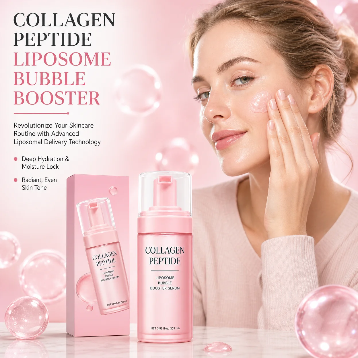 105ml Collagen Peptide Liposome Bubble Booster, Plumping Firming Hydrating Face Serum with Micro-Bubble Foam,
