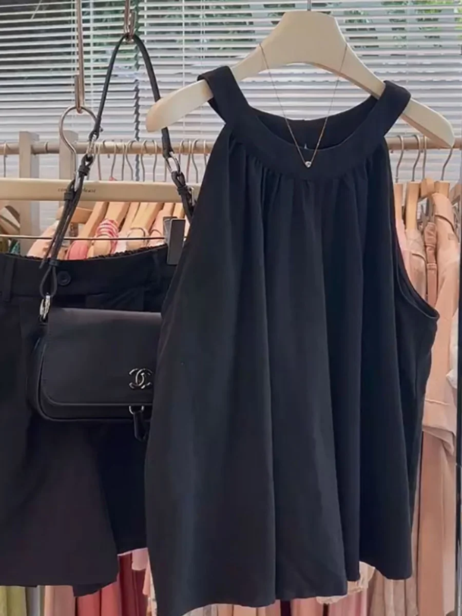 Elegant Korean Style Shoulder Bared Slimming Black Sleeveless Strap Vest Women Summer Chiffon Neck Hanging Shoulder Top Trendy