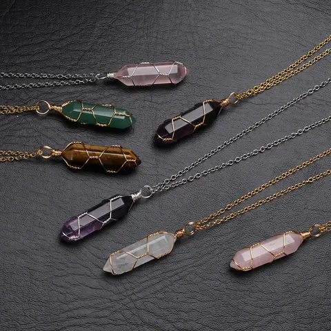 Hexagonal Natural Stone Pendant Necklace for Women Men Wire Wrap Bullet Crystal Necklace Amethyst Pink Quartz Fashion Jewelry