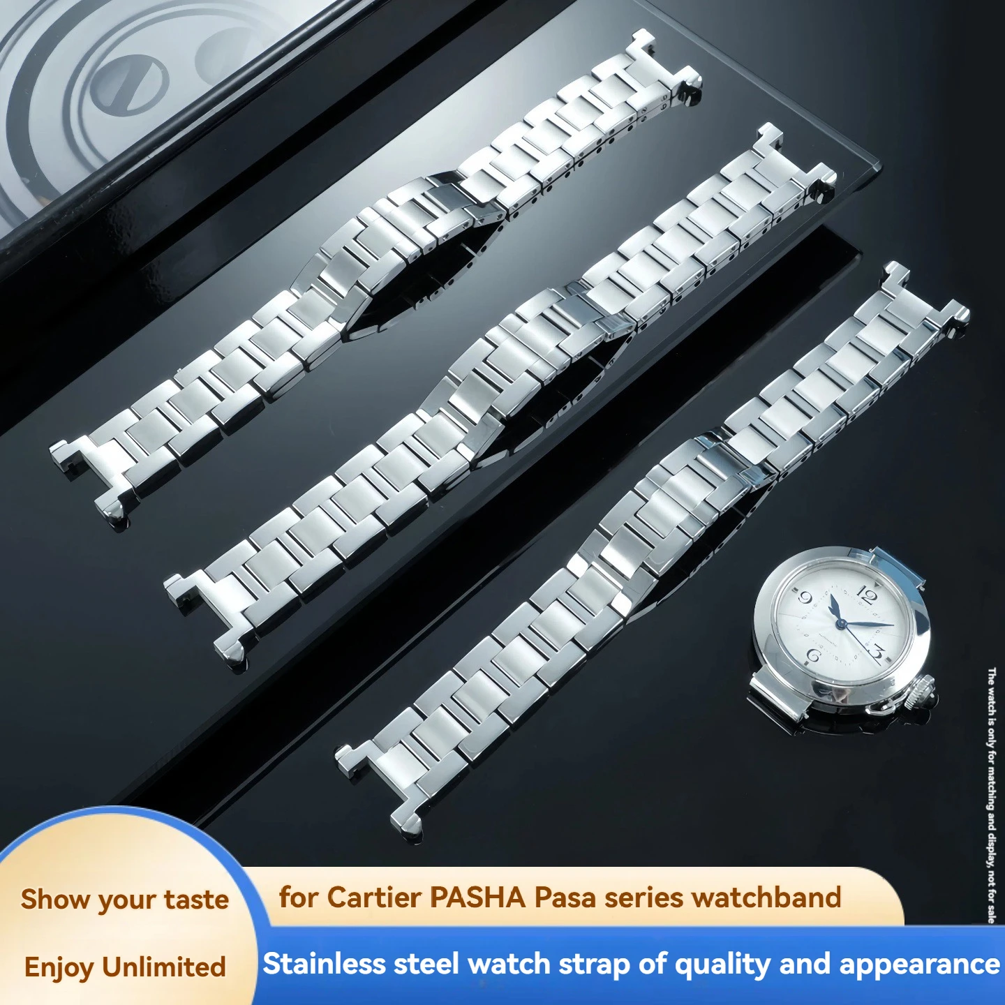 19*12mm Men Watch Band For Cartier Pasha, Premium Stainless Steel Notched Watch Strap Folding Clasp Metal Wristwatch Bracelet