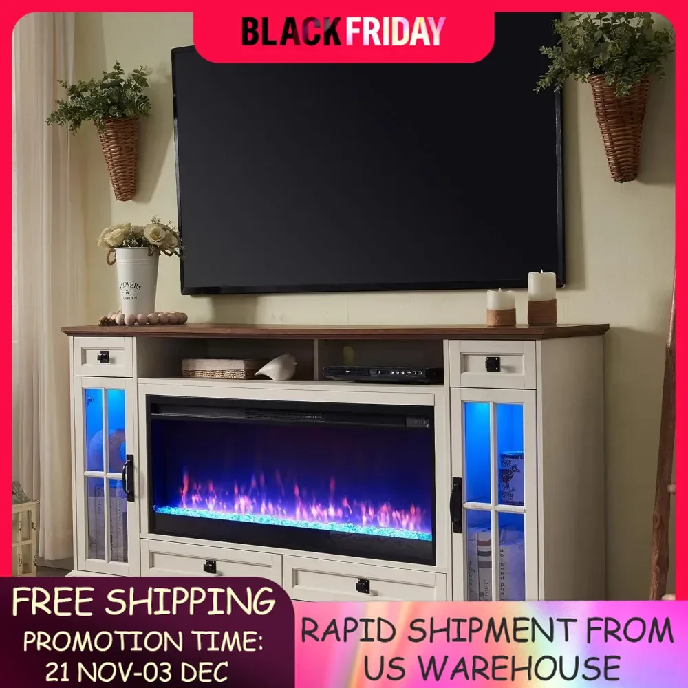 

TV Stand for 80 Inch TV, with 42" Fireplace & LED Lights with Storage Drawers & Cabinets, Modern Media Console Table