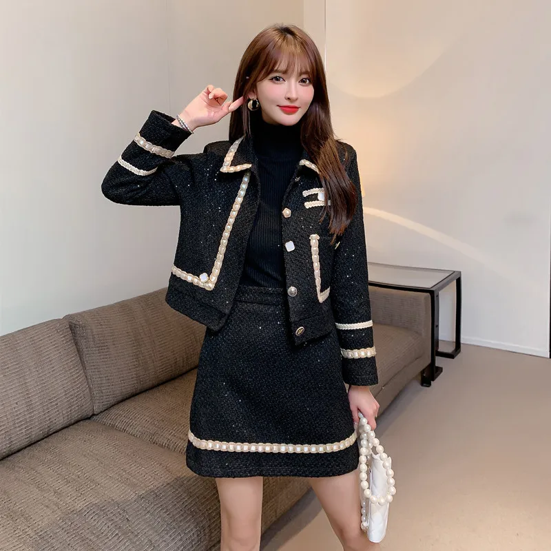 Elegante conjunto de 2 peças saia feminina, lapela casaco pequeno, jaquetas, mini-saia, casual feminina Office, moda coreana, primavera, outono