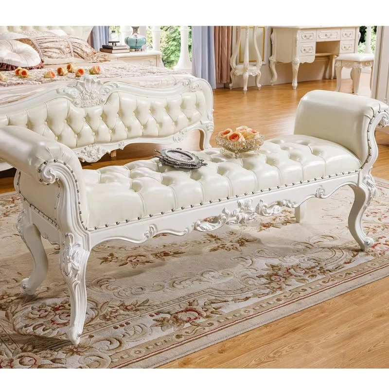 Modern European style solid wood carving flower bedside stool shoes for footstool sofa stool footstool leather home decoration